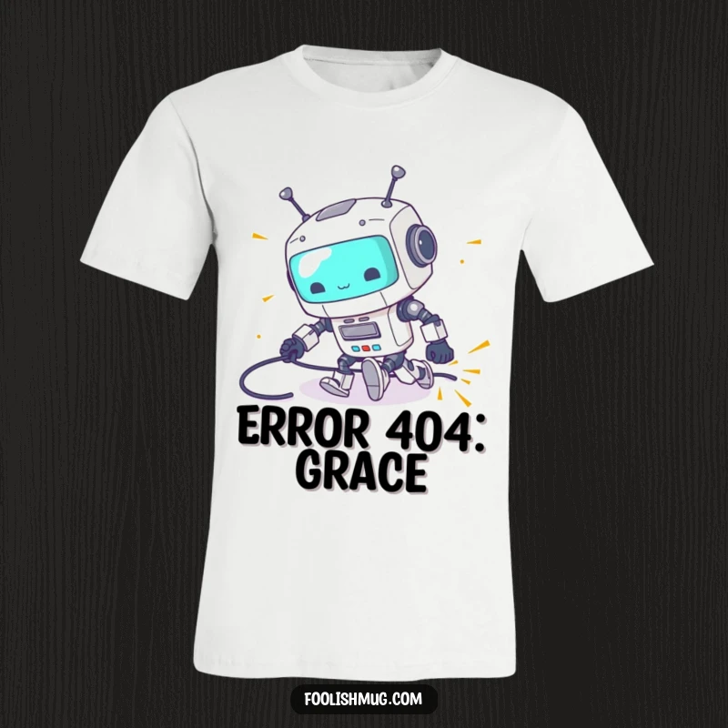 Funny t-shirt of a clumsy robot tripping over its power cord with sparks flying, a humorous and relatable design for a funny gift.