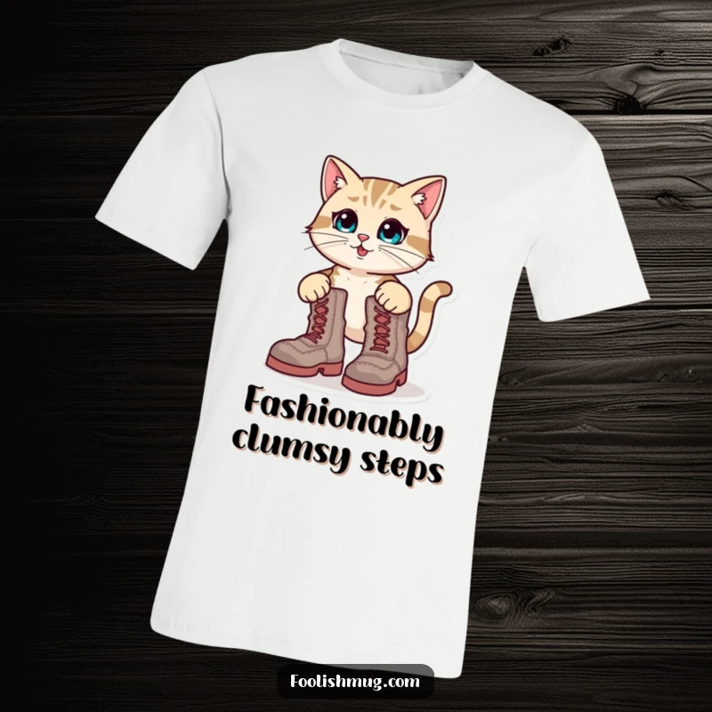 Funny T-Shirt: A cat attempting to walk in comically large boots, creating a humorous situation.