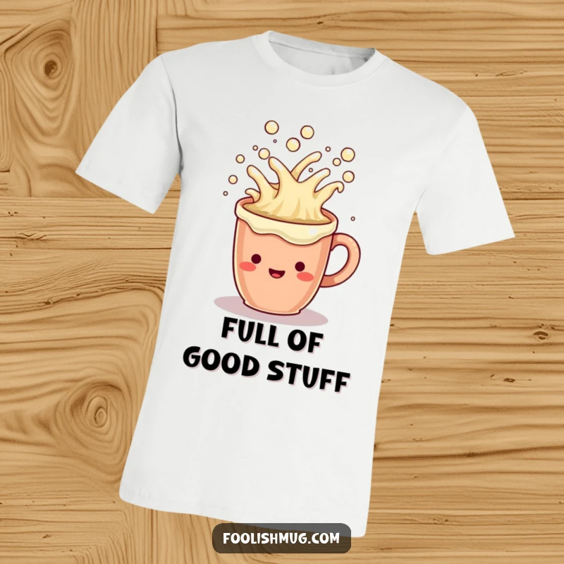 Funny T-Shirt: A happy coffee mug character with bubbly liquid overflowing its brim.