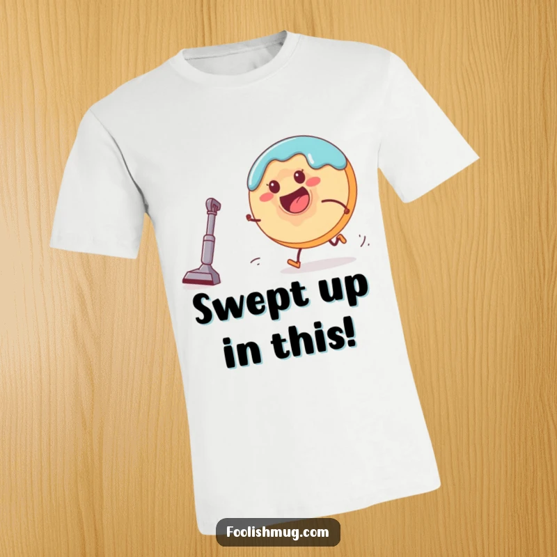 Funny donut character sprinting from a tiny vacuum cleaner on a t-shirt, showcasing a comical chase scene for humor lovers.