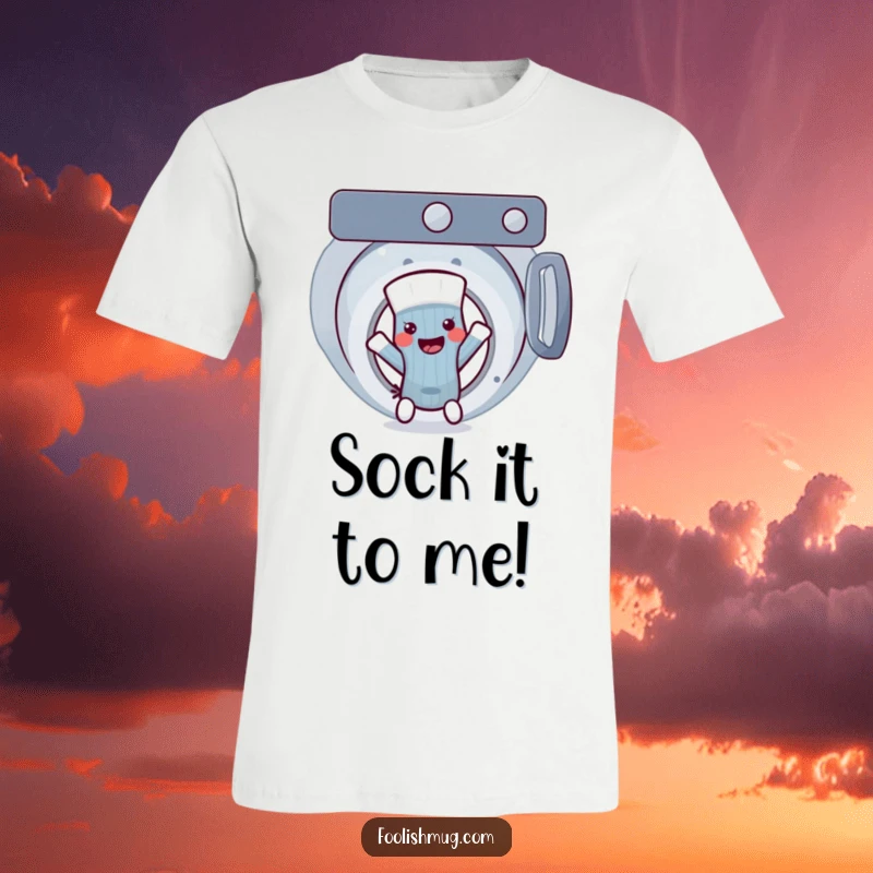 Funny, anthropomorphic sock character with a mischievous grin, comically fleeing a washing machine, perfect as a funny gift.
