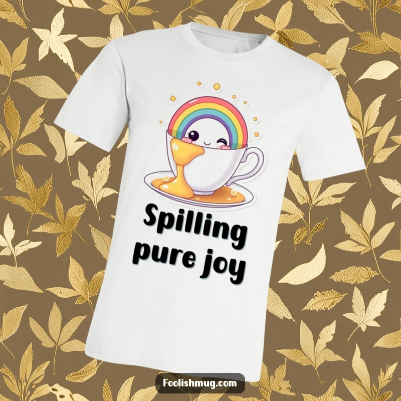 Funny rainbow teacup t-shirt, showing a teacup overflowing with a bright, magical rainbow, a cheerful and imaginative design.