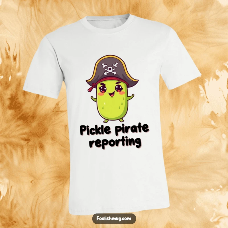 Funny T-Shirt: A mischievous pickle wears a small pirate hat, exuding a comical and adventurous buccaneer spirit.