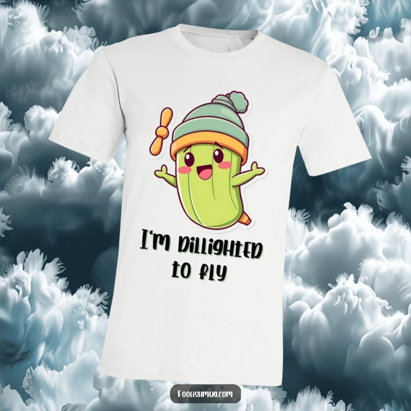 Funny pickle character wearing a propeller beanie, flying crookedly on a funny t-shirt, ready for adventure.