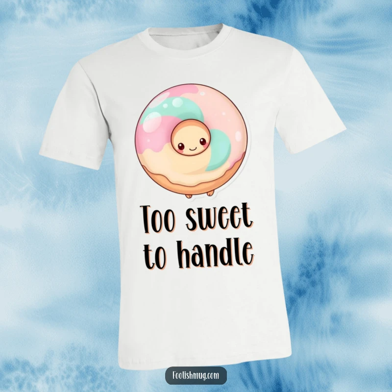 Funny shy donut peeking from behind a giant lollipop, printed on a t-shirt, cute and humorous.