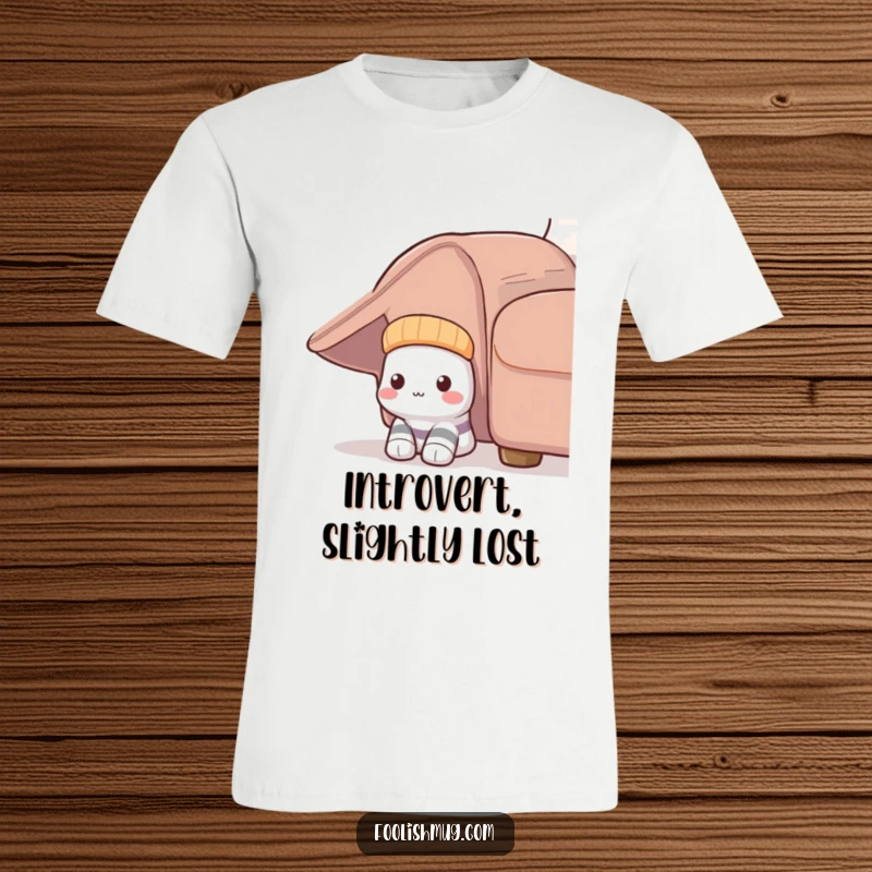 Funny Shy Sock T-Shirt: A bashful sock humorously peeks from beneath a couch, representing shy observation.