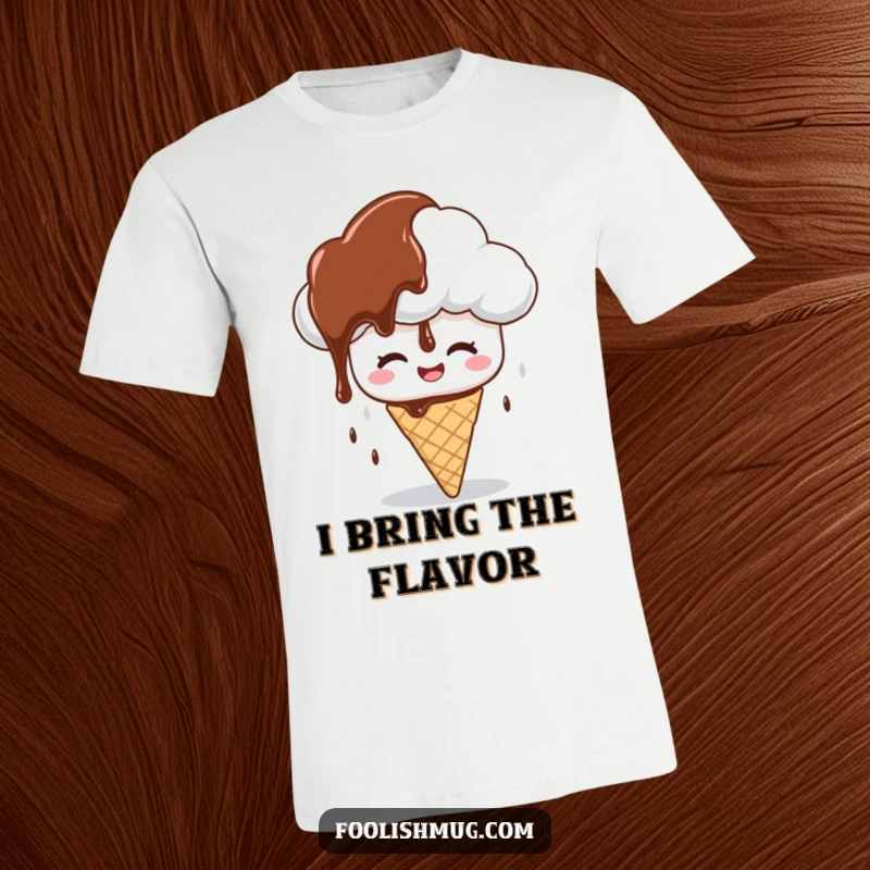 Funny t-shirt of a giggling cloud character raining chocolate syrup on a confused ice cream cone, a sweet and funny design for a funny gift.