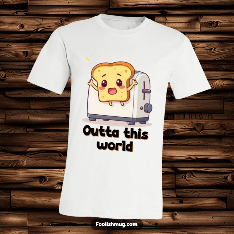 Funny t-shirt of a surprised bread slice comically leaping out of a toaster, a humorous and playful design for a funny gift.