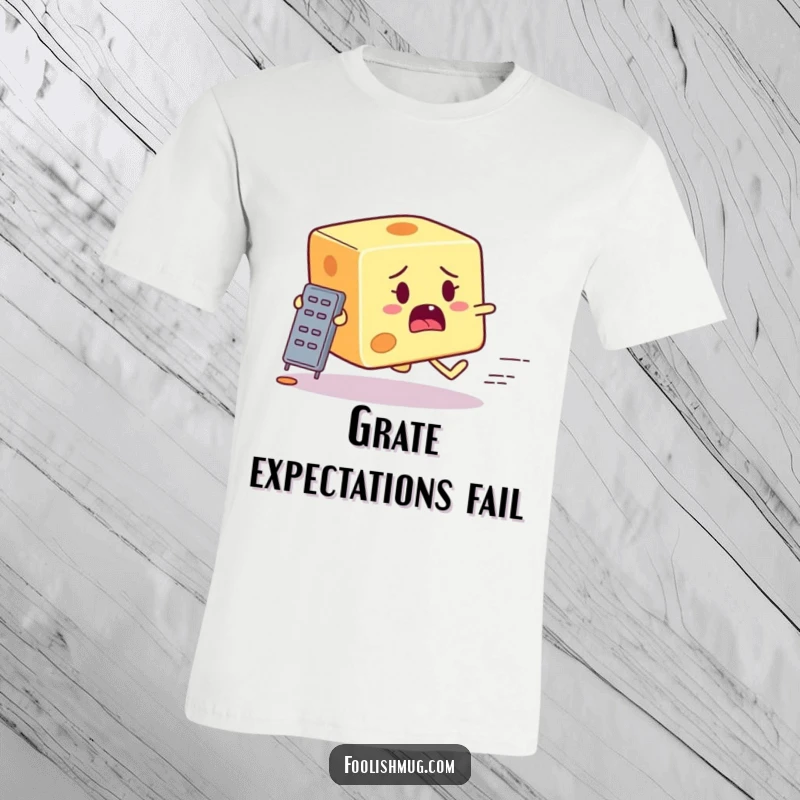 Funny startled cheese block character attempting to outrun a tiny grater on a t-shirt, perfect for fans of food humor.