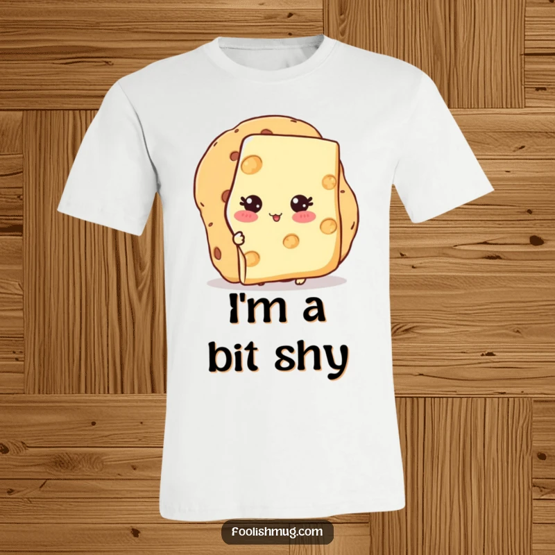 Funny T-Shirt with a blushing cheese slice character hiding behind a large cracker, embodying shy sweetness.