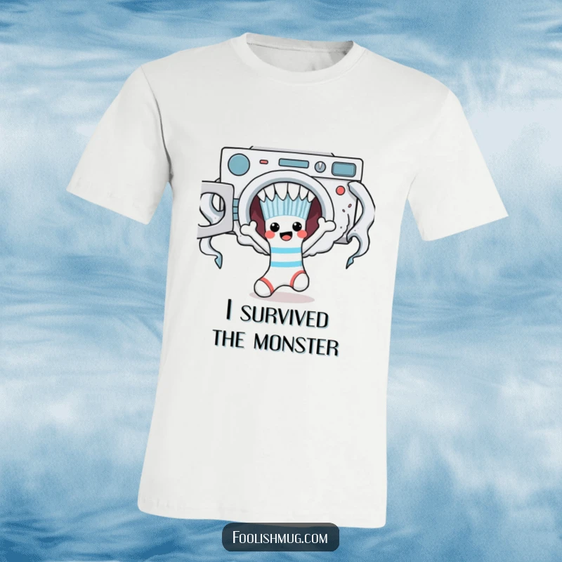 Funny sock character joyfully running away from a scary laundry monster, printed on a t-shirt.