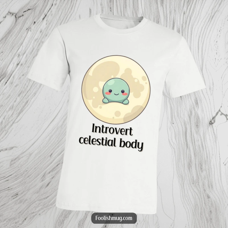 Funny T-Shirt: A shy planet character hides behind a giant, smiling moon, illustrating gentle and endearing space friendship.