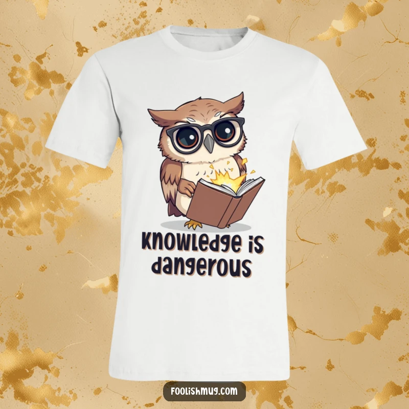 Funny t-shirt of an owl with spectacles, looking confused at a tiny exploding book, perfect for owl lovers and a funny gift.