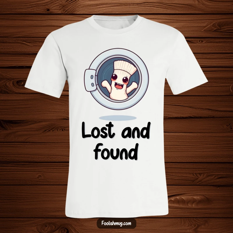 Funny t-shirt depicting a sock character attempting to escape a washing machine, showcasing a humorous laundry adventure.