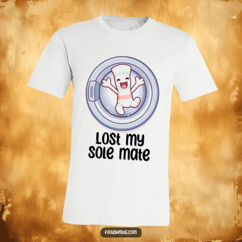 Funny sock character doing a wild dance while escaping a washing machine on a t-shirt, perfect for laundry day humor.