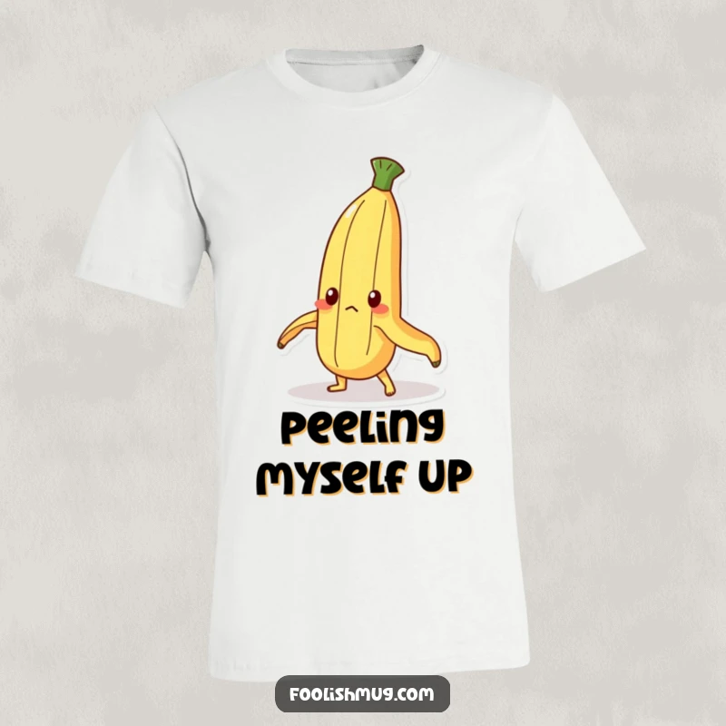 Funny T-Shirt: A determined banana peel character humorously attempting to balance and stand upright. A comical statement tee.