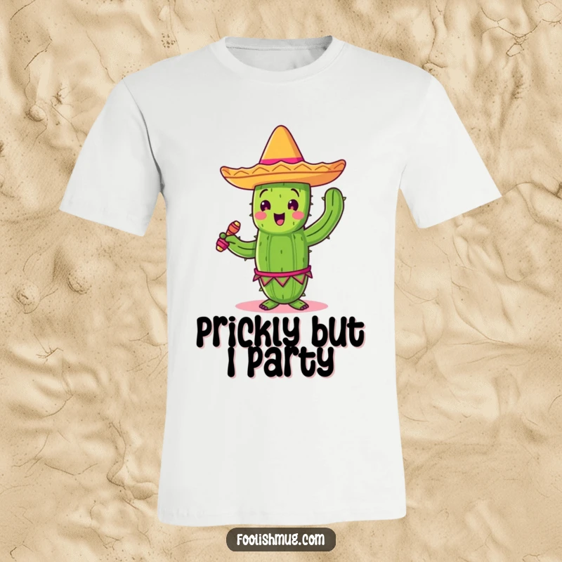 Funny dancing cactus in a sombrero, holding maracas, printed on a t-shirt, embodying fiesta spirit.