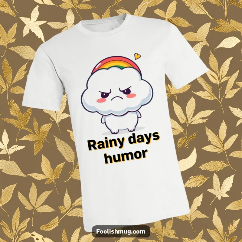 Funny T-Shirt: A grumpy cloud character enduring tickles from a small, cheerful rainbow.