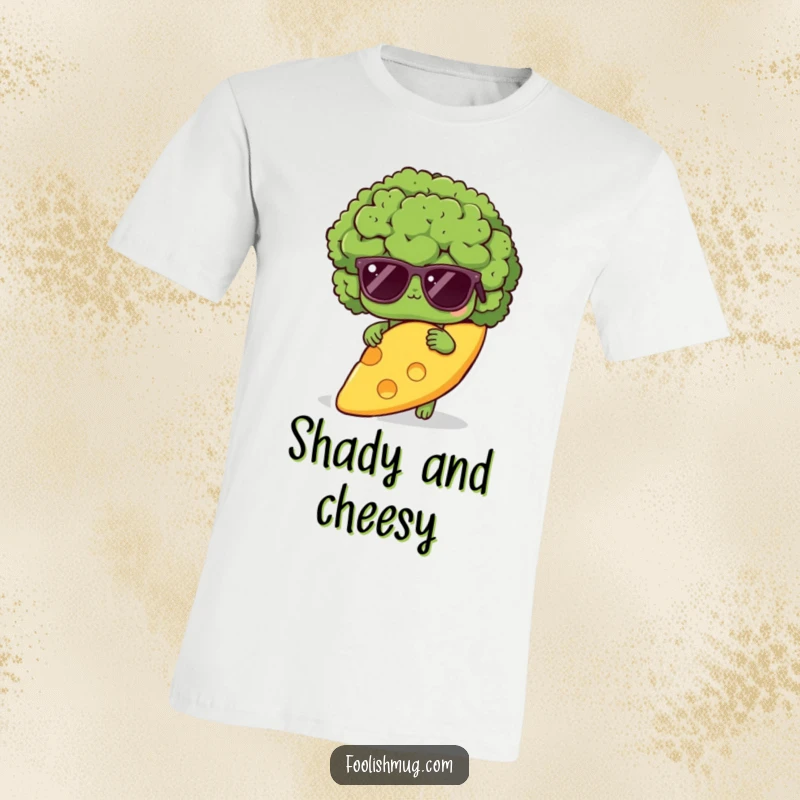 Funny shy broccoli t-shirt design, showing a broccoli wearing sunglasses, hiding behind a huge slice of cheese, a comical veggie outfit.