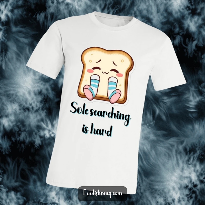 Funny toast slice with mismatched socks, printed on a soft t-shirt, expressing confusion and humor.