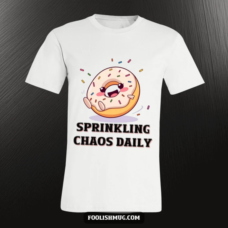 Funny T-Shirt: A happy donut character clumsily rolling downhill, scattering colorful sprinkles. A cheerful, humorous graphic tee.