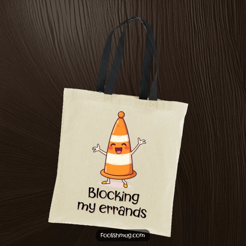 Funny traffic cone tote bag, enthusiastically dancing and comically blocking its own path, perfect for carrying items with humorous flair.