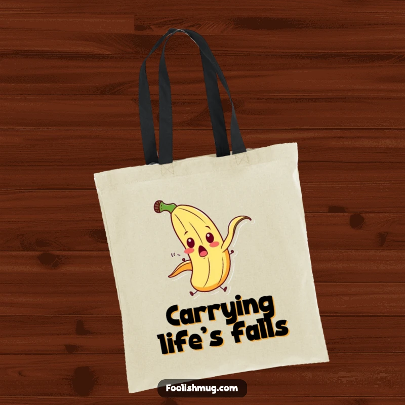 Funny banana peel character comically slipping on itself with exaggerated motion on a tote bag, ideal for humorous shopping.