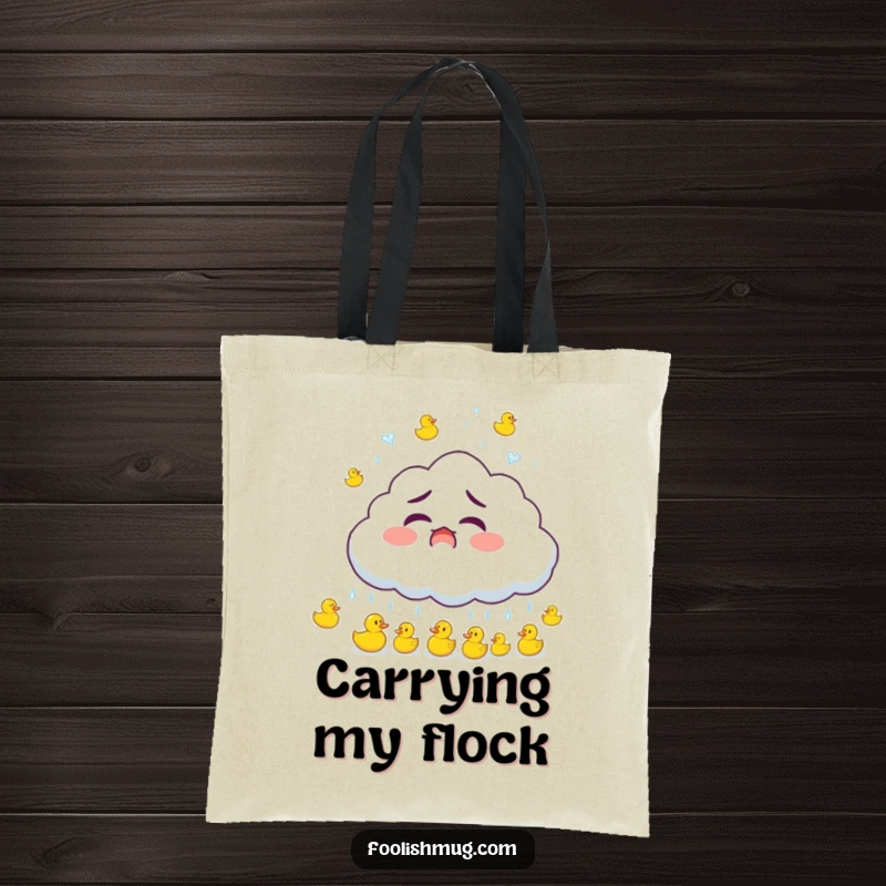 Funny cloud character accidentally raining tiny bouncing rubber ducks, a durable and humorous tote bag, a quirky funny gift.