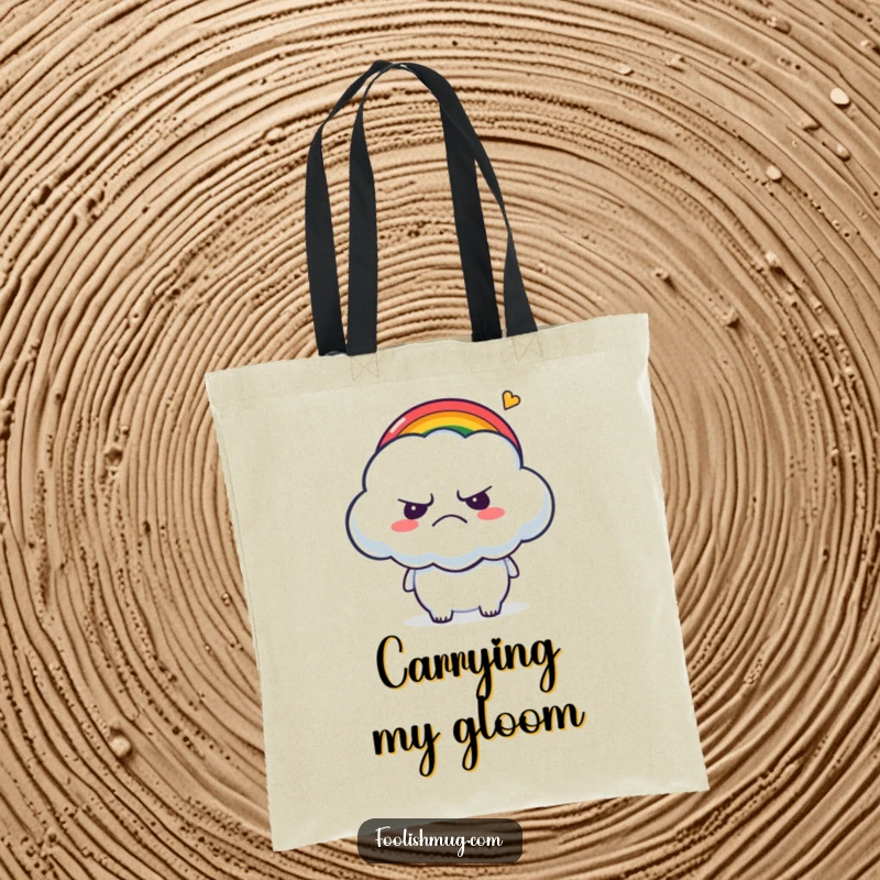 Funny Tote Bag: A grumpy cloud character tolerating tickles from a small, cheerful rainbow.