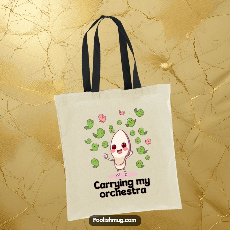 Funny Tote Bag with a happy spoon character orchestrating flying peas, perfect for carrying essentials with a smile.