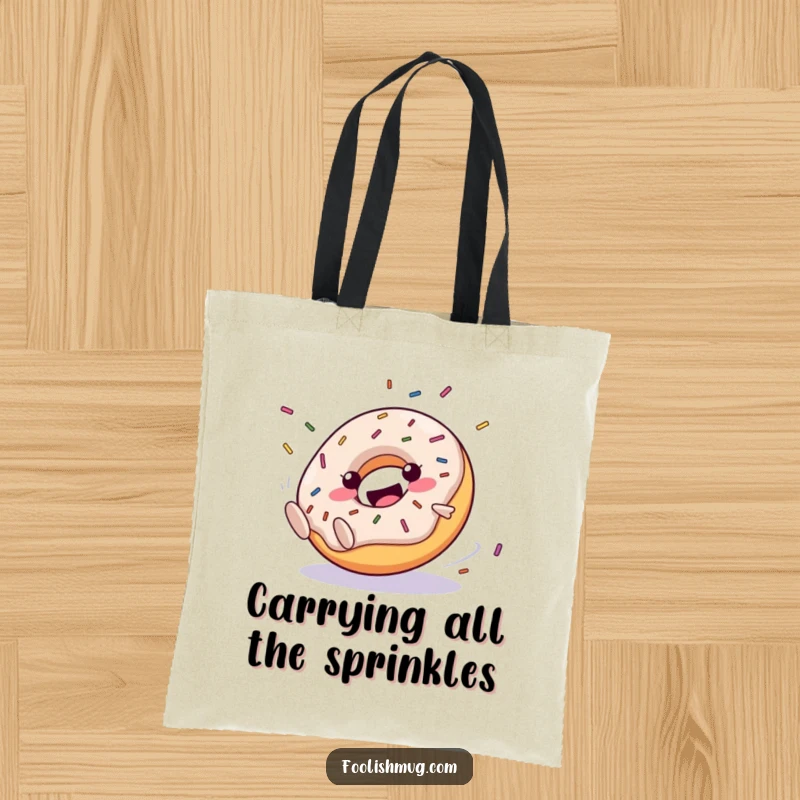 Funny Tote Bag: A happy donut character enjoying a clumsy roll downhill with sprinkles flying. A cheerful and humorous accessory.