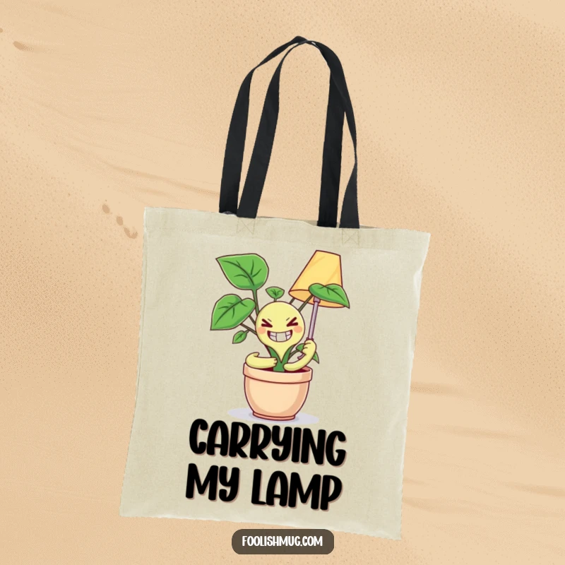 Funny tote bag featuring a potted plant with a wide, unsettling grin attempting to embrace a table lamp, perfect for carrying essentials humorously.