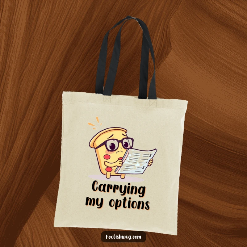 Funny pizza tote bag with a confused slice wearing spectacles reading a menu, ideal for foodies.
