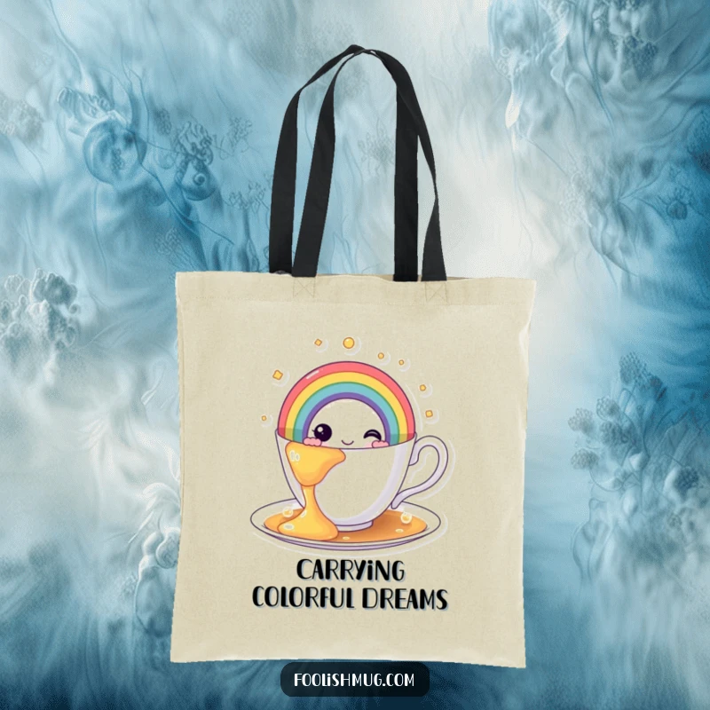 Funny rainbow teacup tote bag, depicting a teacup spilling a vivid rainbow, perfect for carrying essentials with a splash of color.