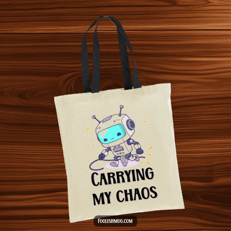 Funny tote bag illustrating a clumsy robot tripping over its power cord with sparks flying, a humorous and practical funny gift accessory.