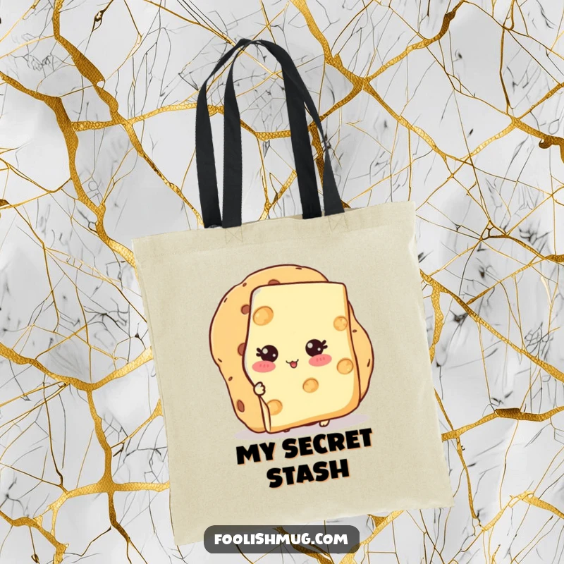 Funny Tote Bag with a blushing cheese slice character hiding behind a cracker, perfect for carrying items with a smile.