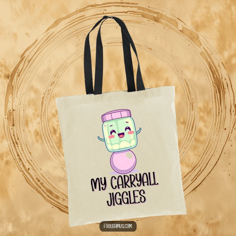 Funny wobbly jelly jar character attempting to balance on a bouncing ball, printed on a funny tote bag.