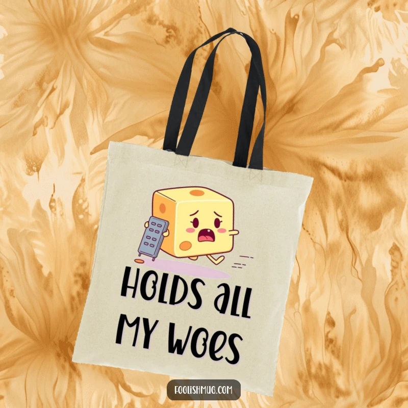 Funny startled cheese block character attempting to outrun a tiny grater on a tote bag, perfect for carrying humor and groceries.