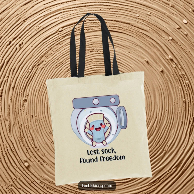 Funny sock character making a dramatic escape from a washing machine, a durable and humorous tote bag, a funny gift.