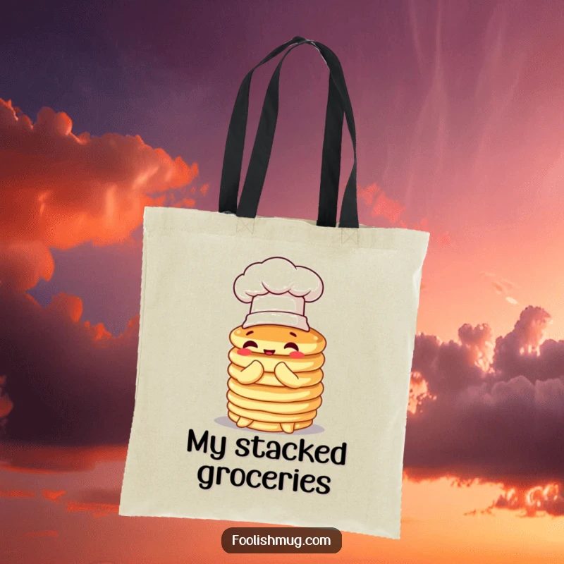 Funny pancake tote bag, wobbly stack in a chef hat, comically attempting to bow, perfect for carrying items with humorous charm.