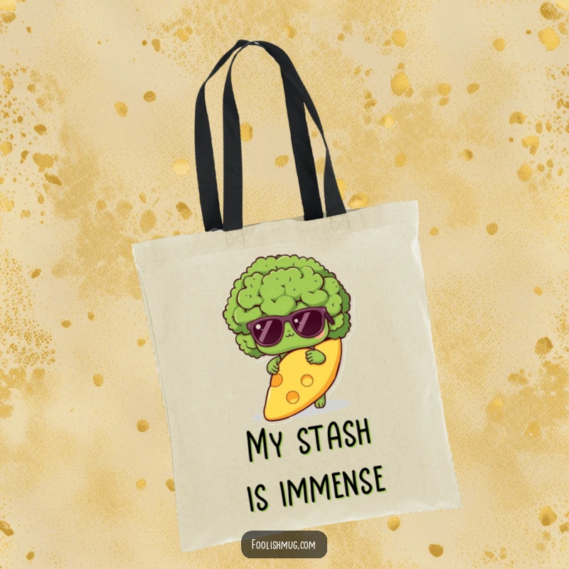 Funny shy broccoli tote bag, with a broccoli in sunglasses hiding behind a massive cheese slice, a whimsical and practical accessory.
