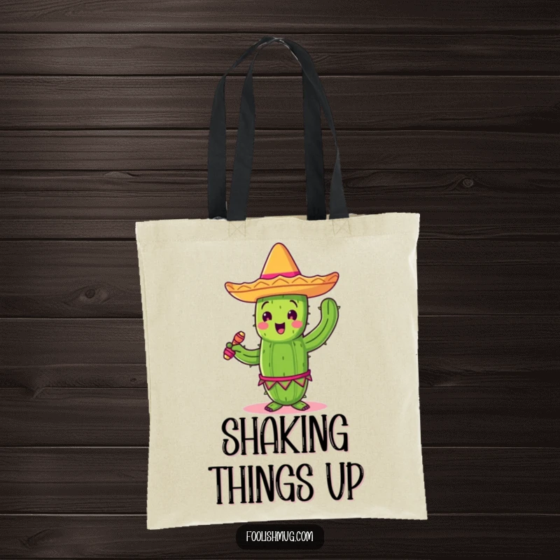 Funny dancing cactus with sombrero and maracas, on a tote bag, ready for festive outings.